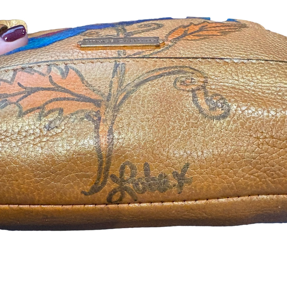 Vince Camuto Hand Painted Leather Crossbody Bag | Gold Floral Artisan Purse - Picture 3 of 14